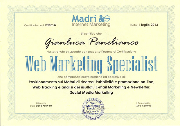 Этого сертификата можно достичь, следуя Национальному курсу операционного веб-маркетинга, который Мадри организует каждый год (обычно) в две даты, одну в Риме, а другую в Милане